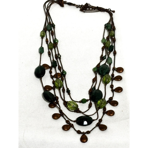 Vintage multi strand copper & Green earthy beads boho Chunky statement Necklace - Picture 1 of 8